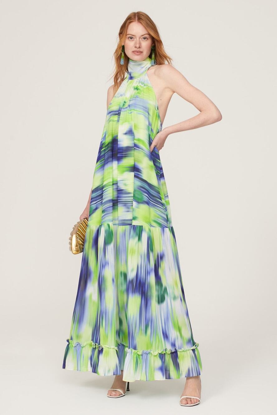 One33 Social Sz 10 Green Blue Tie Dye Print Halter Neck Sleeveless Cocktail Gown